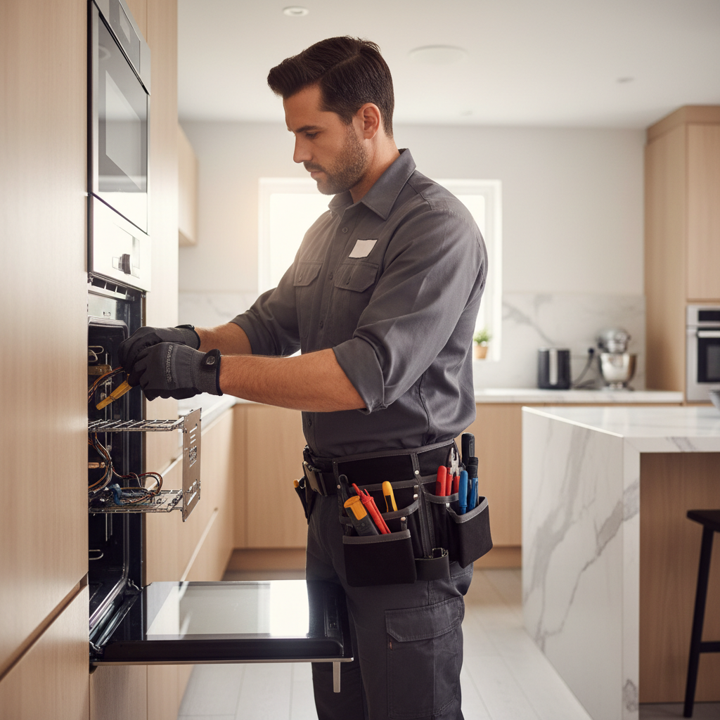Technician repairing a built-in oven